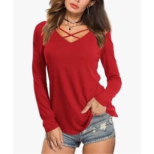 Ultra Soft V-Neck Shirts Basic Long Sleeve Criss Cross Tops Tee Blouse